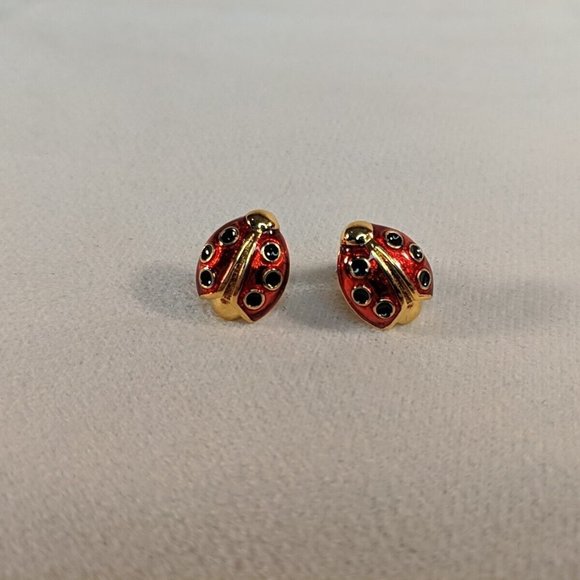 Vintage 1980 Ladybug Gold Tone Red Black Enamel Lady bug Avon Earrings Studs - Picture 2 of 6